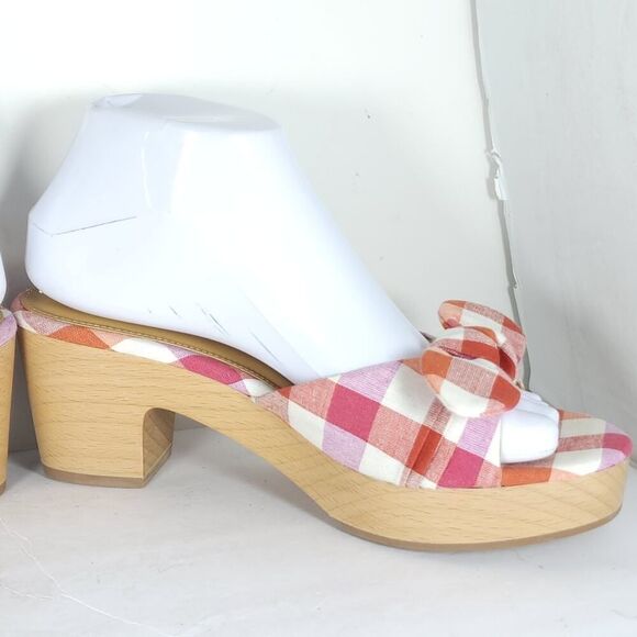 J. Crew Women's US7,5 Multicolor Plaid Printed Bow Wooden Heels Mules Sandals Nw - Picture 7 of 14